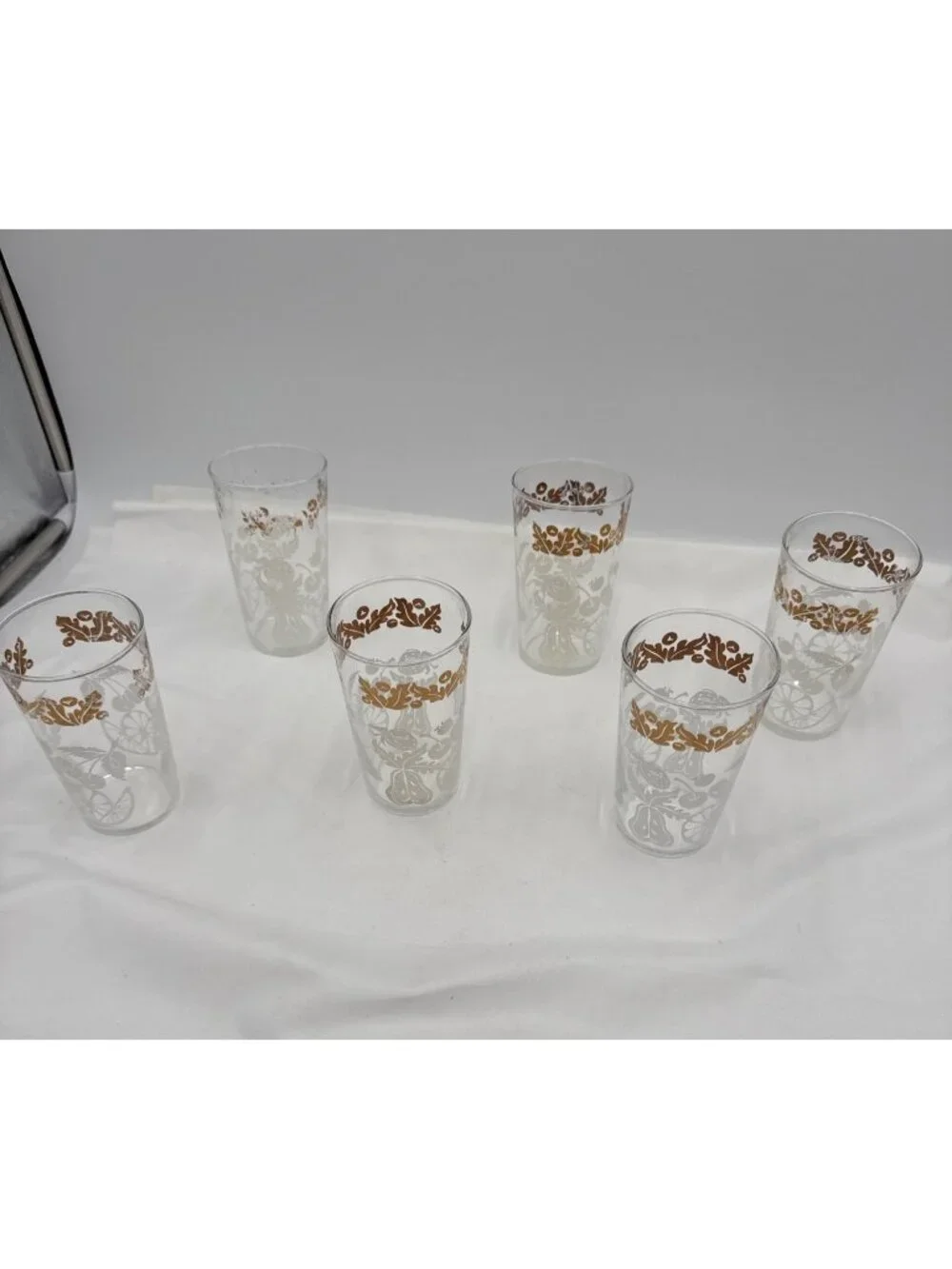 Set Of 6 Vintage Federal Glass Tumblers Gold & White Fruit Floral Design 5